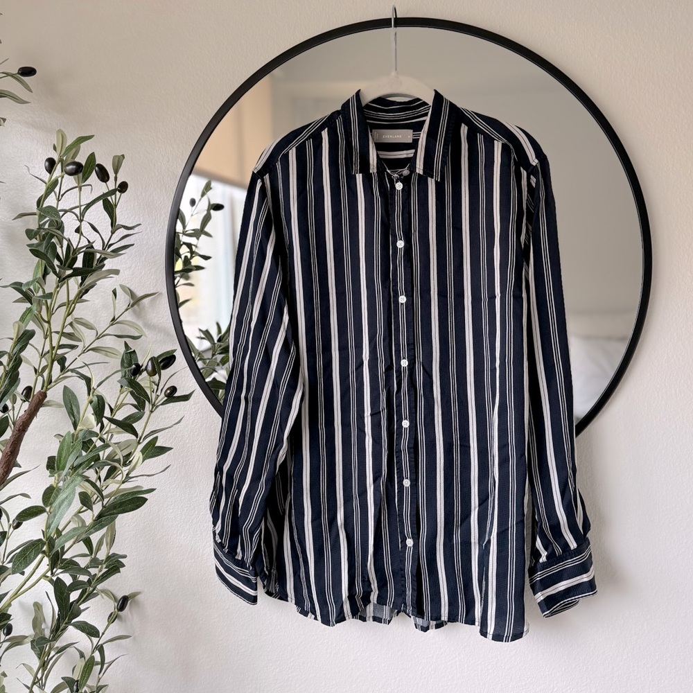 Everlane Button Down Striped Dress Shirt, Navy Cream, Women’s 16